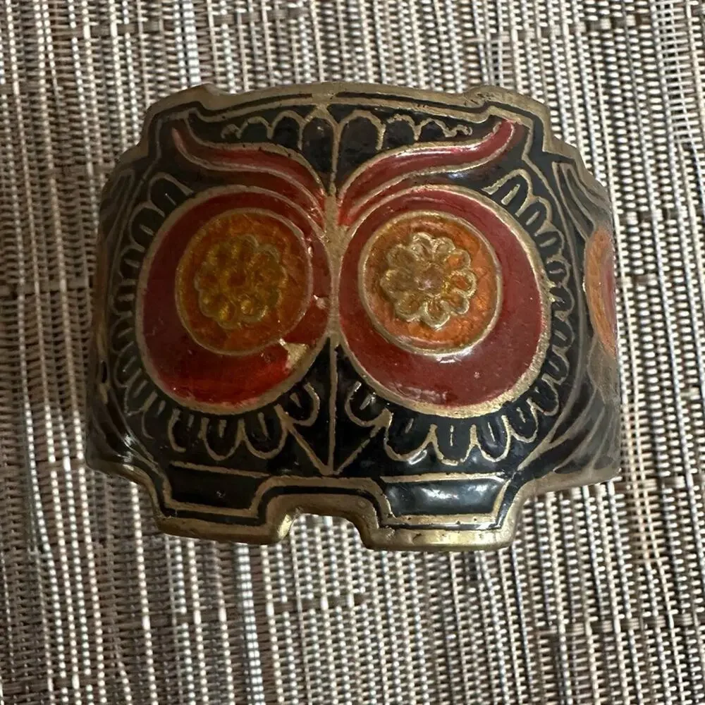 Vintage Brass Owl Cuff Bracelet Enamel India  * flaws 60s 70s 80s